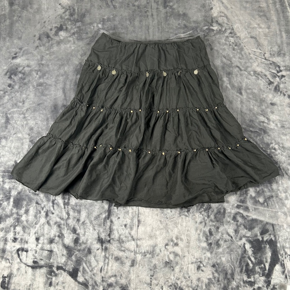 Miss Chievous Tiered Skirt Womens L Black Coin Beaded Boho Midi M9030F11
